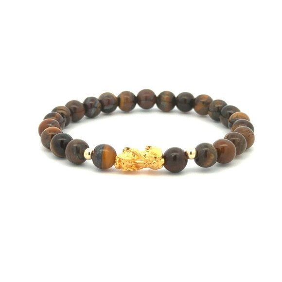 18K Gold Dragon Pixiu Piyao Lucky Charm Beads Bracelet Gemstones Tiger's Eye 6mm